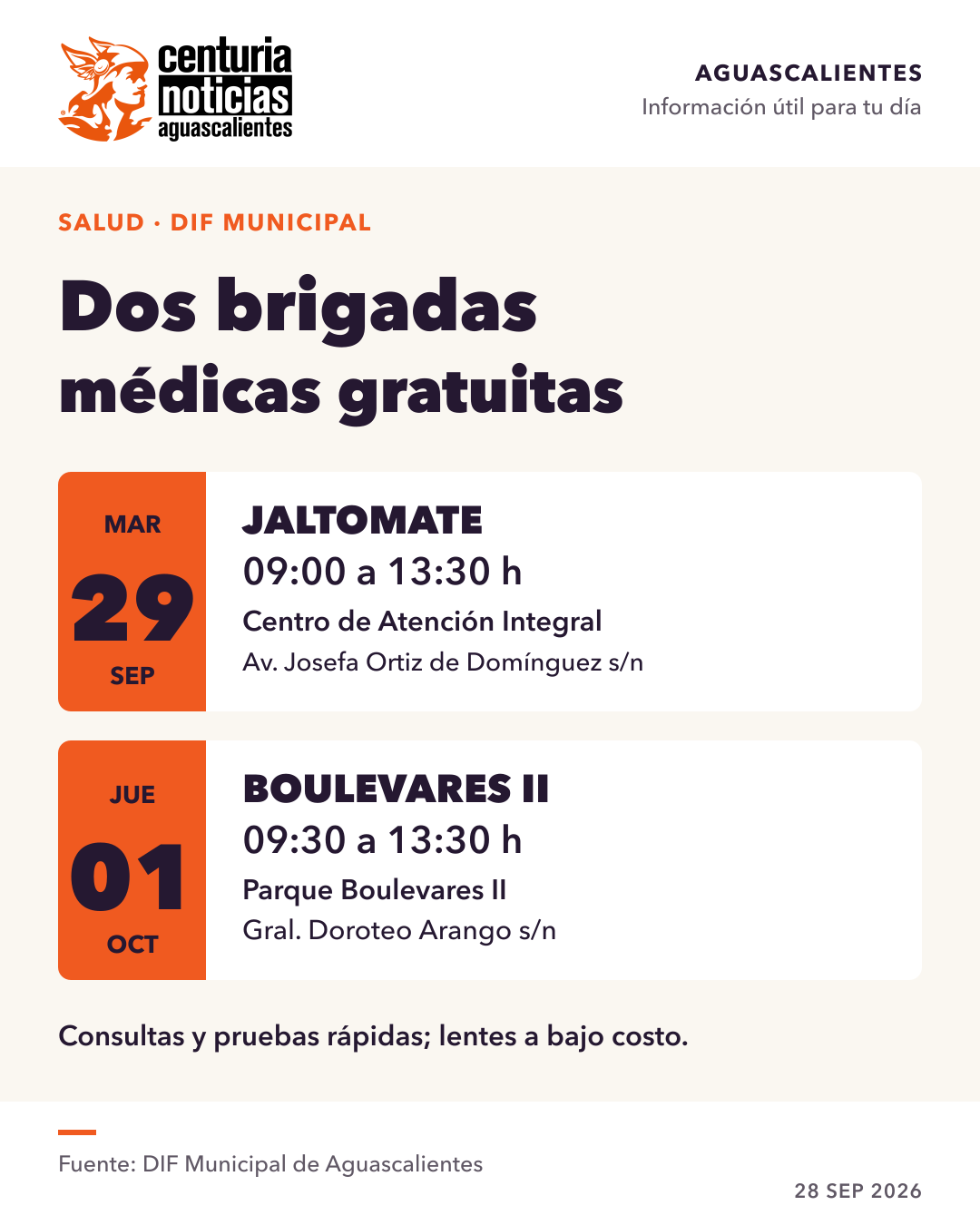Tarjeta de Centuria: Brigadas médicas gratuitas: Jaltomate el martes y Boulevares II el jueves 🩺
