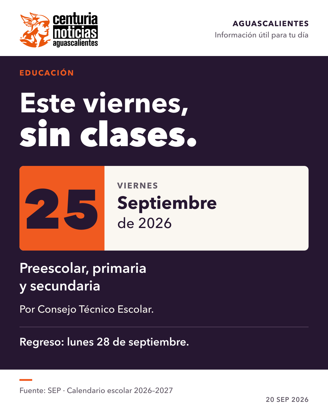 Tarjeta de Centuria: Este viernes 25 de septiembre no habrá clases en educación básica 📚