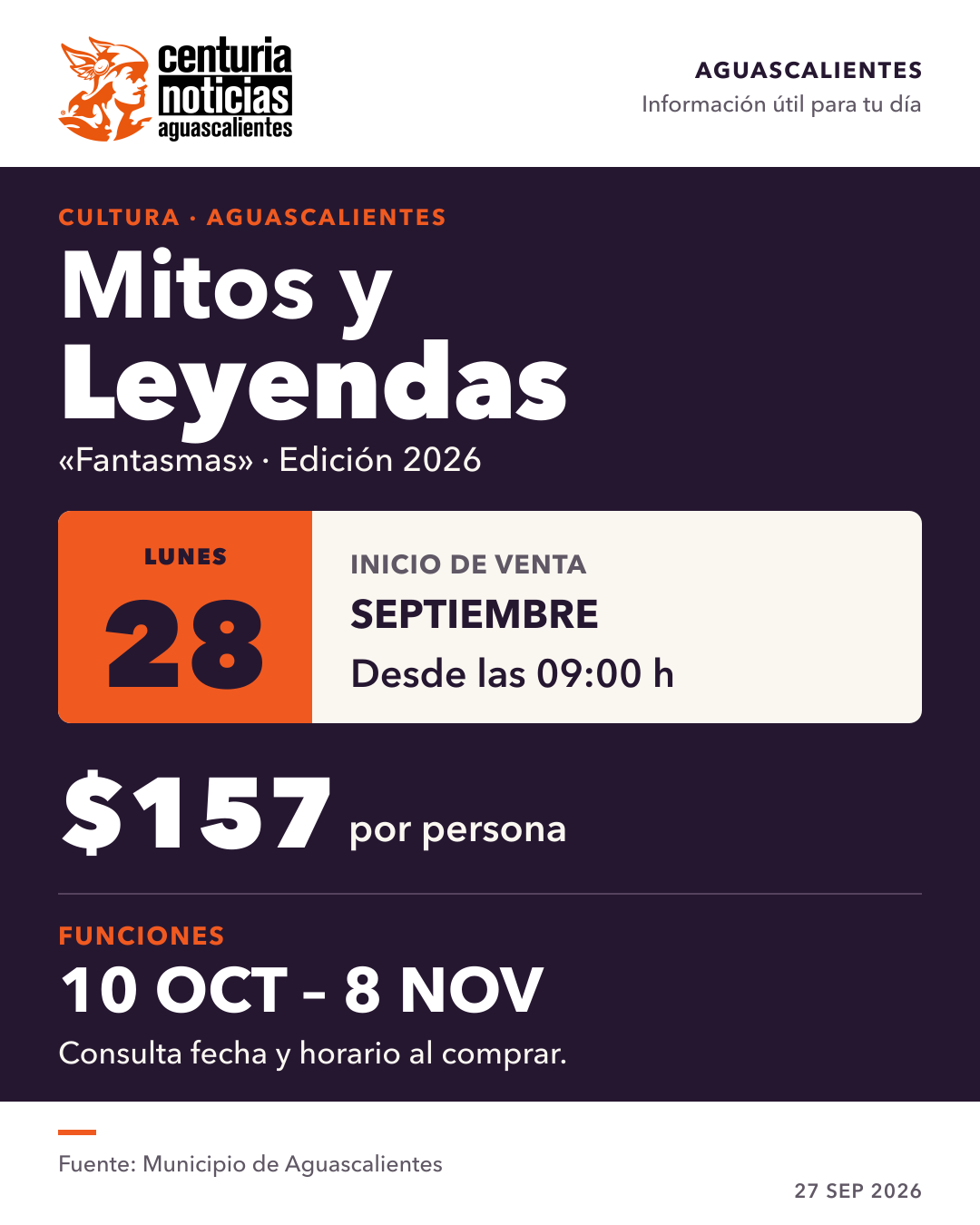 Tarjeta de Centuria: Mitos y Leyendas: boletos desde el lunes 28, a 157 pesos