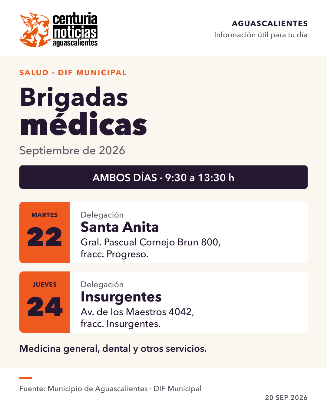 Tarjeta de Centuria: Brigadas médicas en Santa Anita e Insurgentes este 22 y 24 de septiembre 🩺