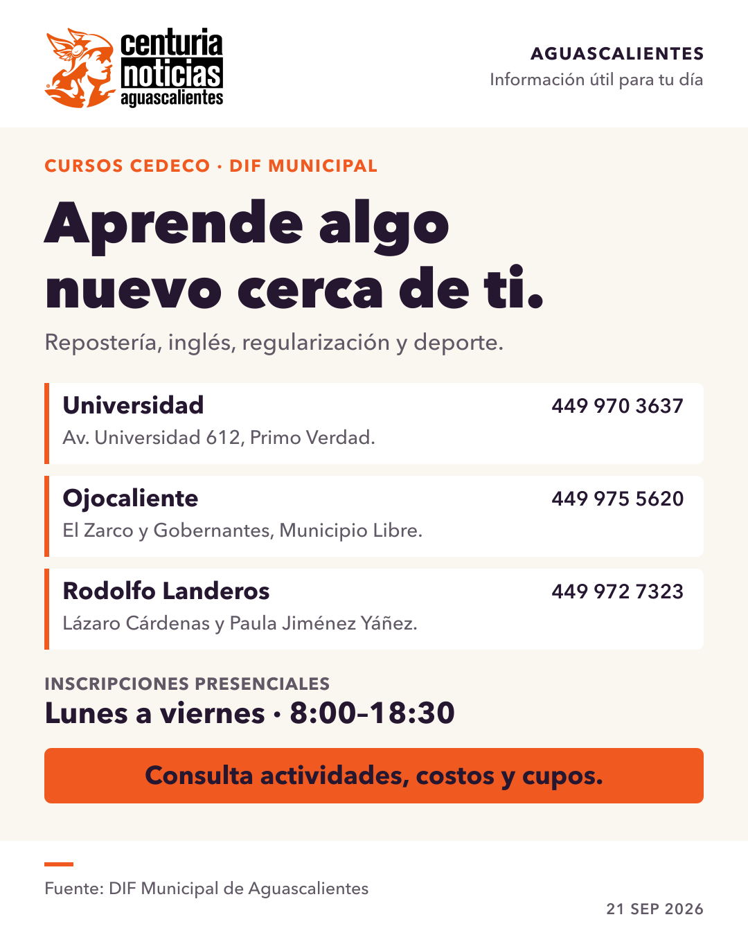 Tarjeta de Centuria: Repostería, inglés, regularización escolar y actividades deportivas en los CEDECO 📚
