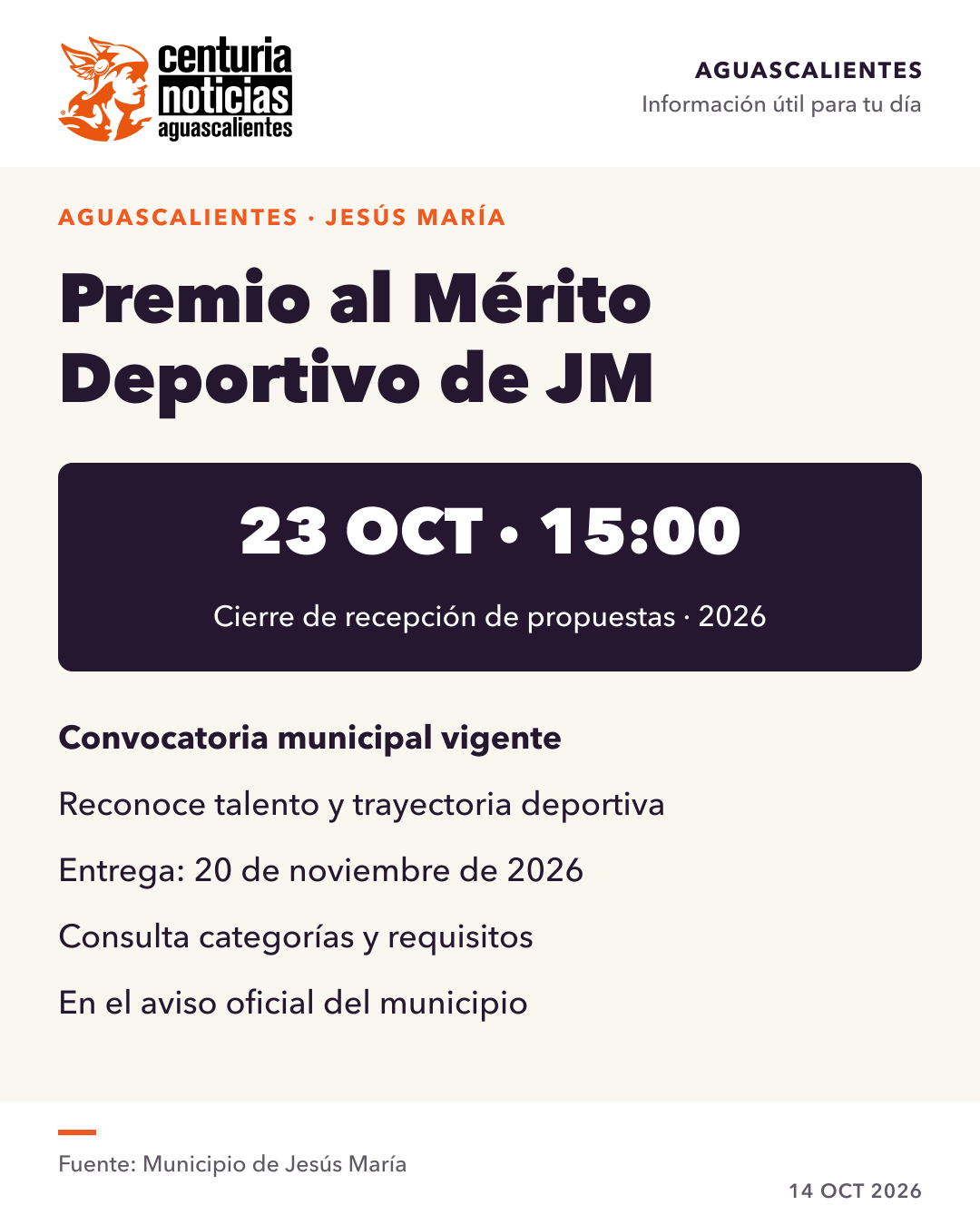 Imagen de la nota: Jesús María recibe propuestas para su Premio al Mérito Deportivo hasta el 23 de octubre 🏅