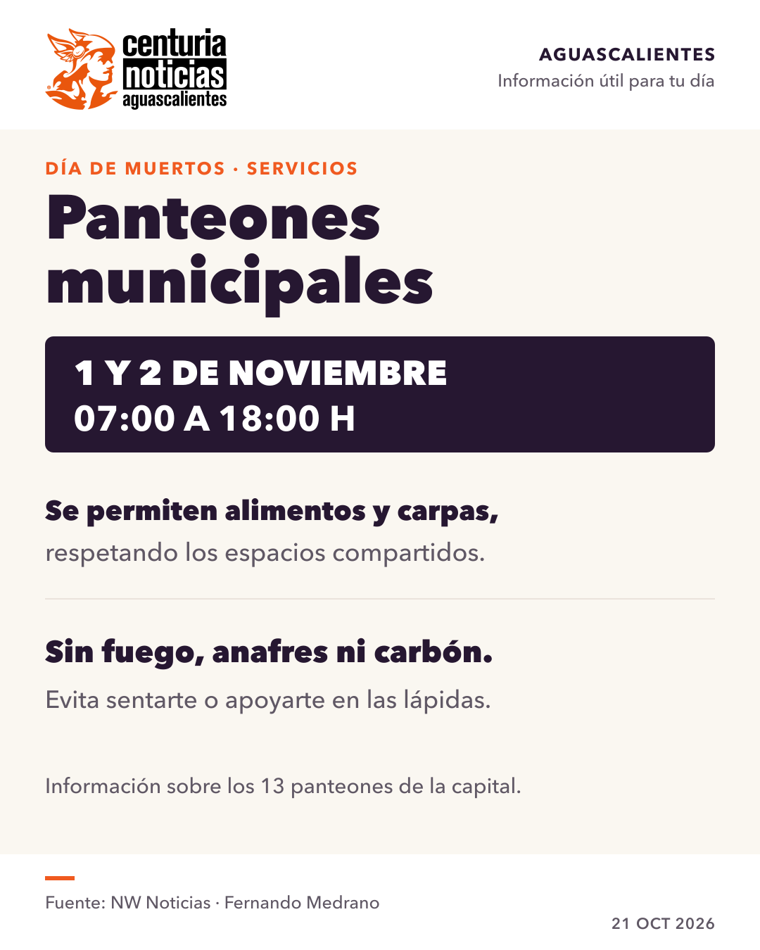 Imagen de la nota: Panteones municipales abrirán de 07:00 a 18:00 el 1 y 2 de noviembre 🕯️