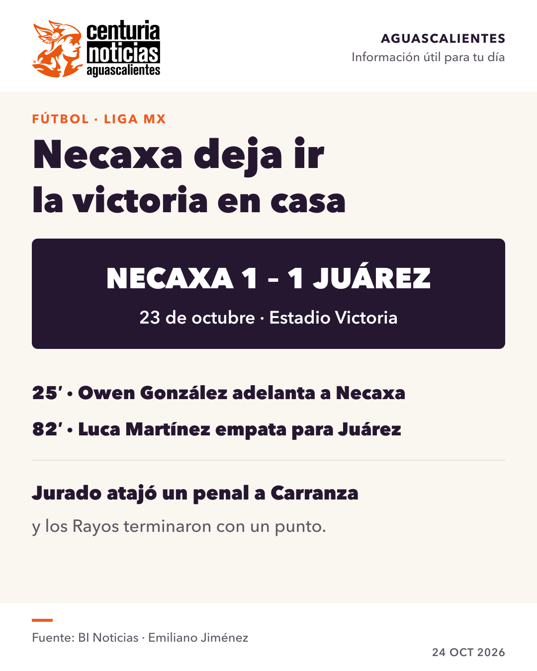 Imagen de la nota: Necaxa empata 1–1 con Juárez tras recibir el gol de la igualada al minuto 82 ⚽