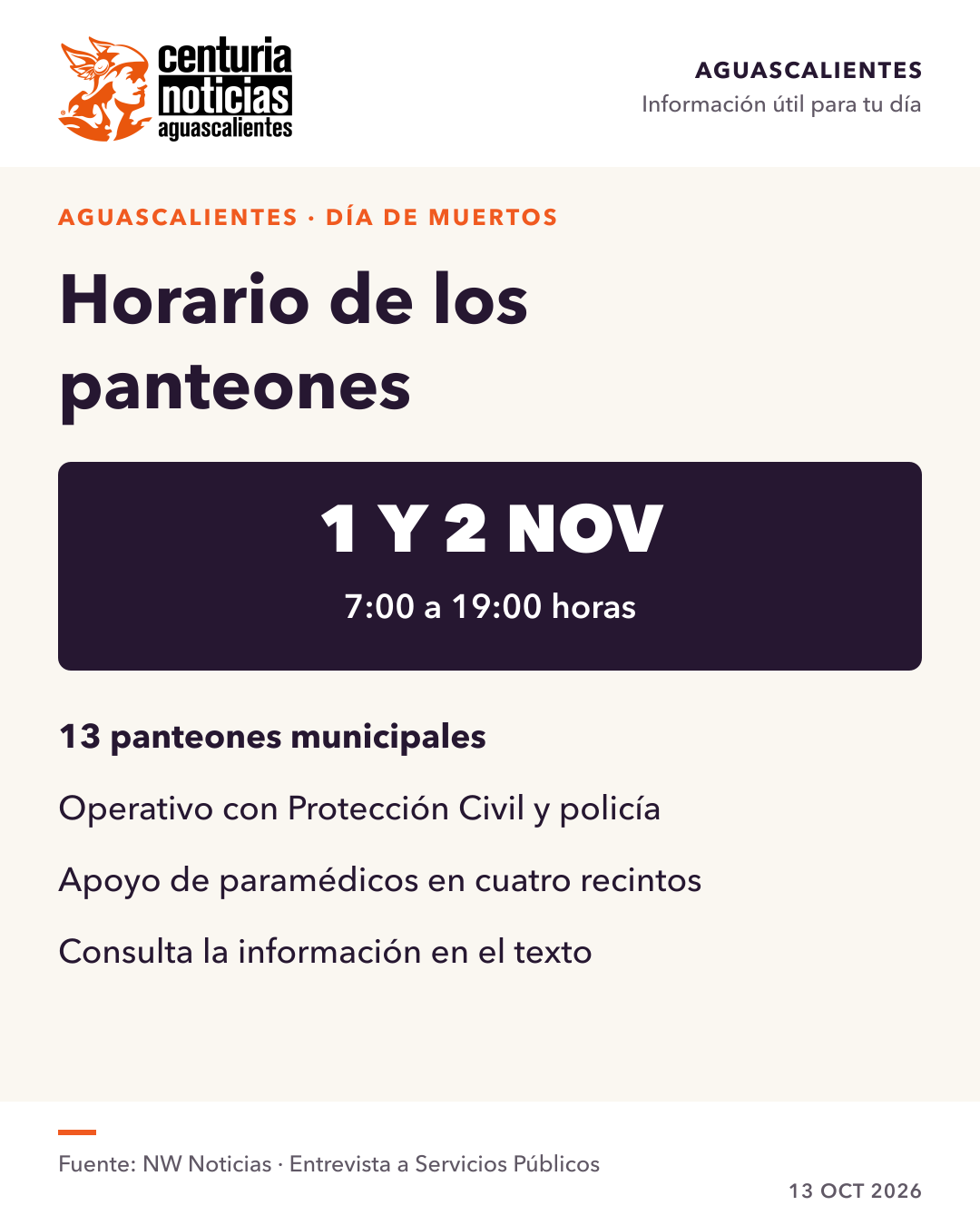 Imagen de la nota: Panteones municipales abrirán de 7:00 a 19:00 el 1 y 2 de noviembre
