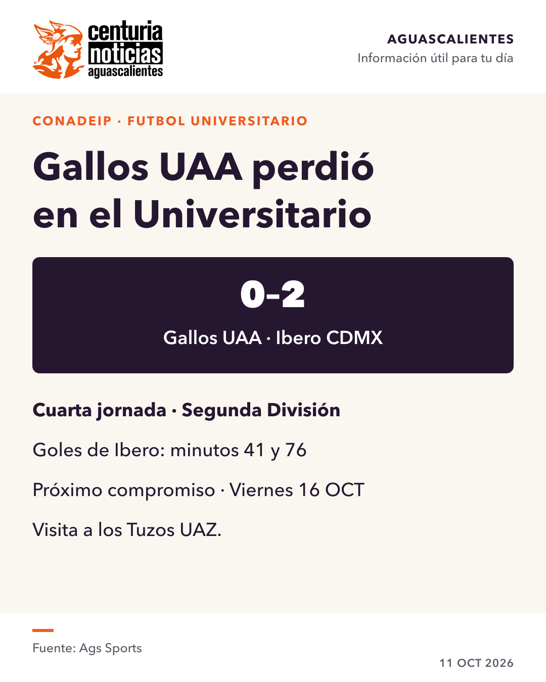 Imagen de la nota: Gallos UAA cayó 0-2 ante Ibero en el Universitario ⚽