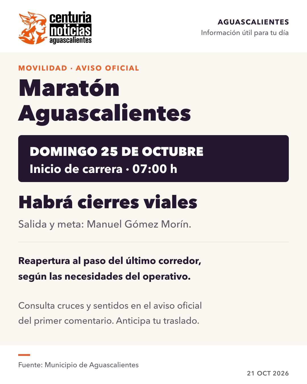 Imagen de la nota: Maratón Aguascalientes: anticipa cierres viales este domingo 25 🚧