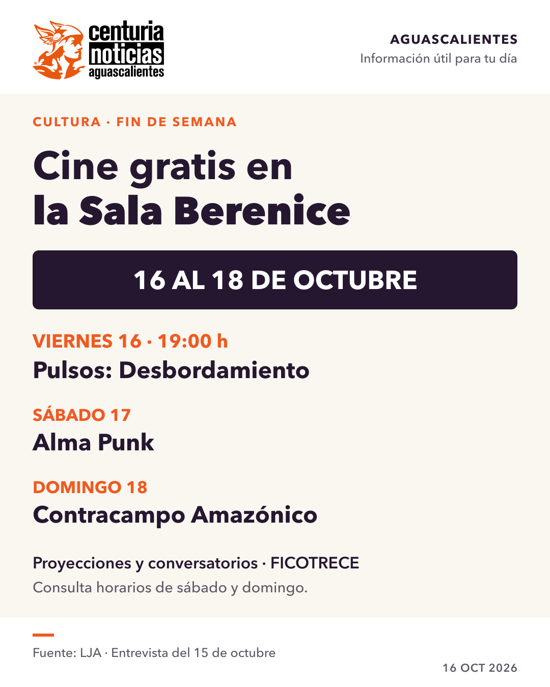 Imagen de la nota: Cine gratuito y conversatorios del 16 al 18 de octubre en la Sala Berenice 🎬