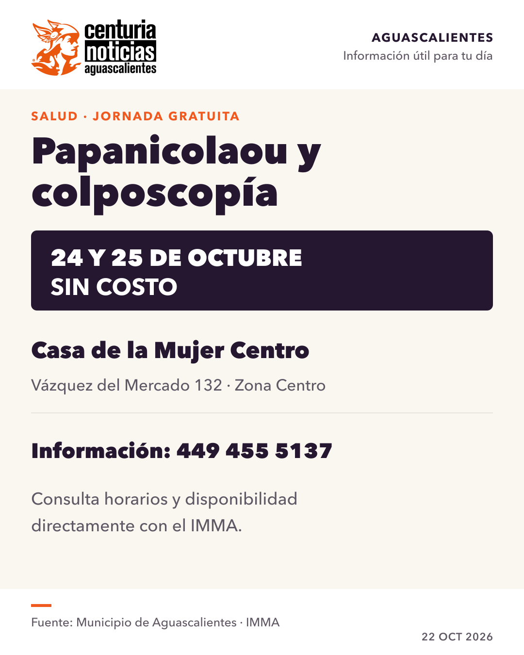 Imagen de la nota: Papanicolaou y colposcopías sin costo este 24 y 25 de octubre 🎀