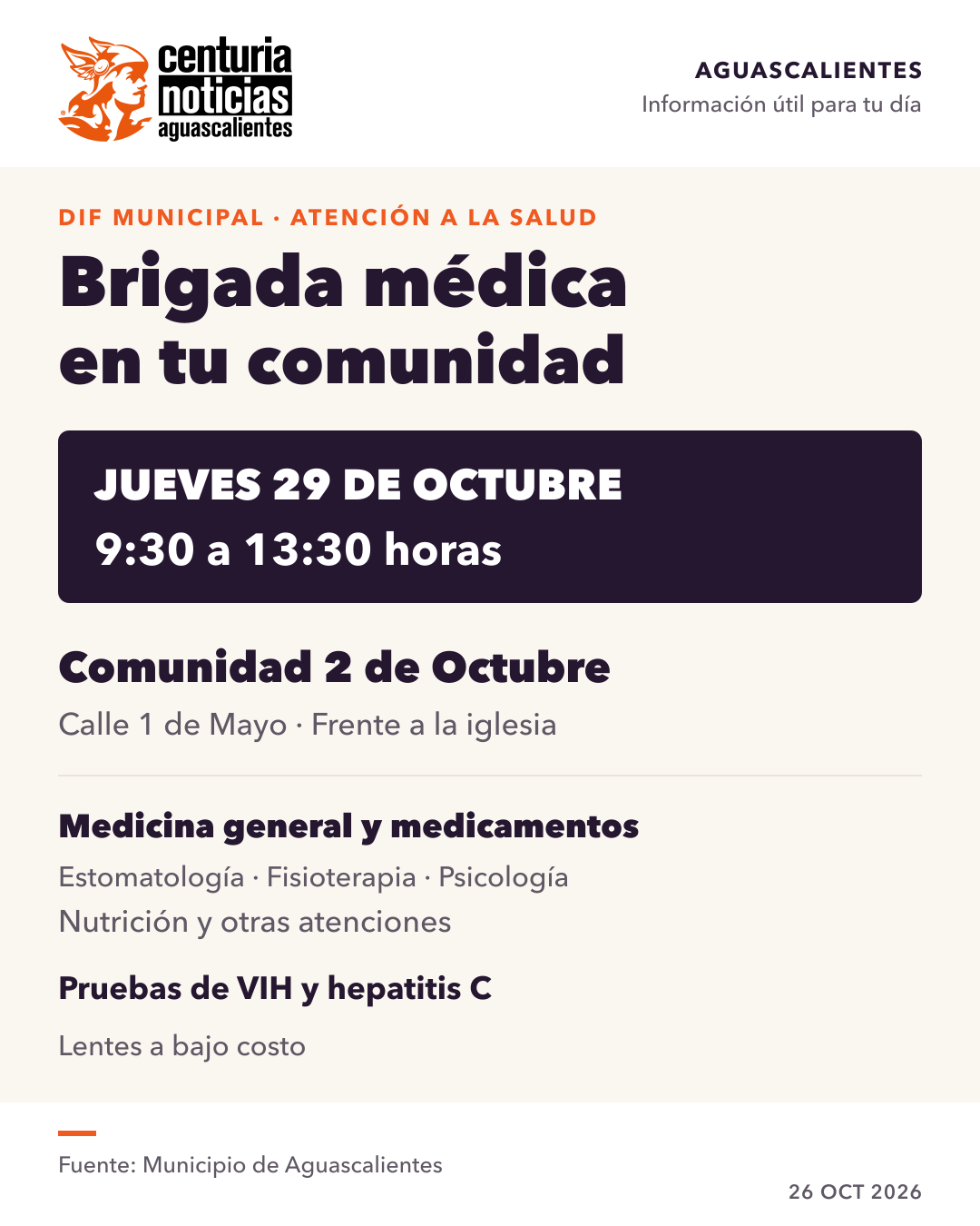 Imagen de la nota: Brigada médica gratuita llegará a la comunidad 2 de Octubre el jueves 29 🩺